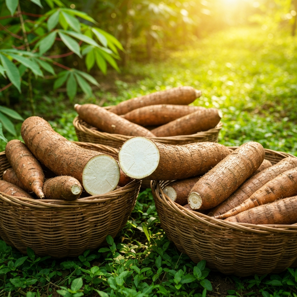 Fresh MU‑51 cassava roots stacked in export crates