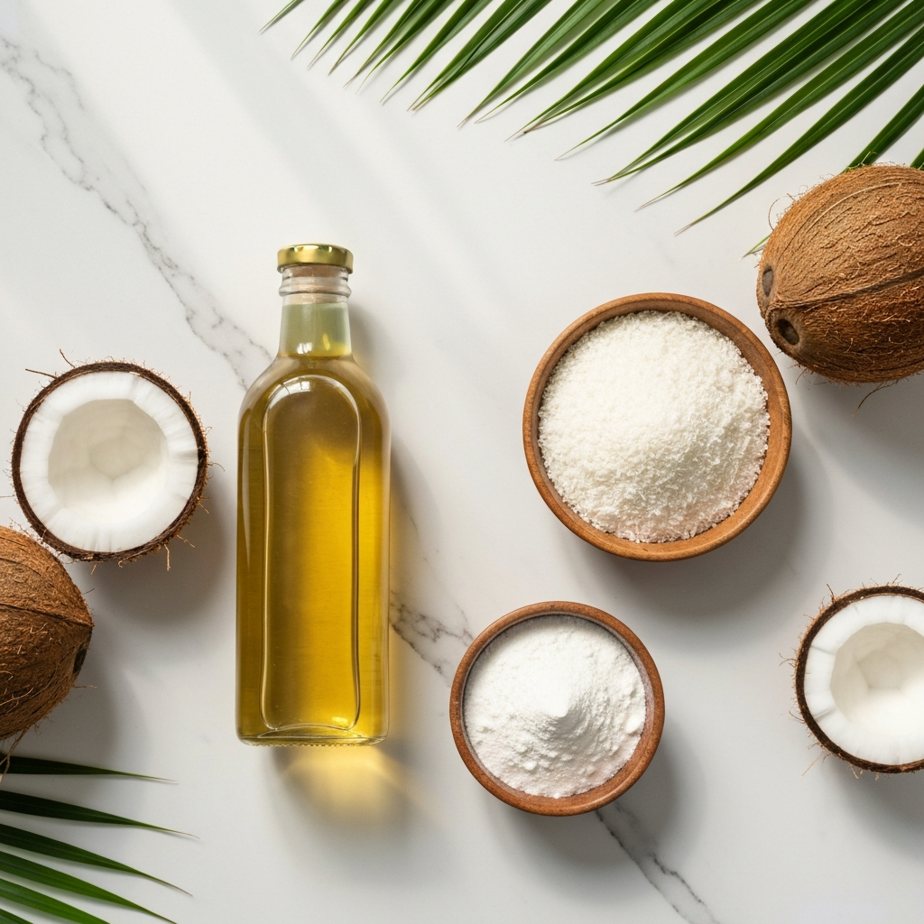 Selection of Sri Lankan coconut products including oil and milk powder