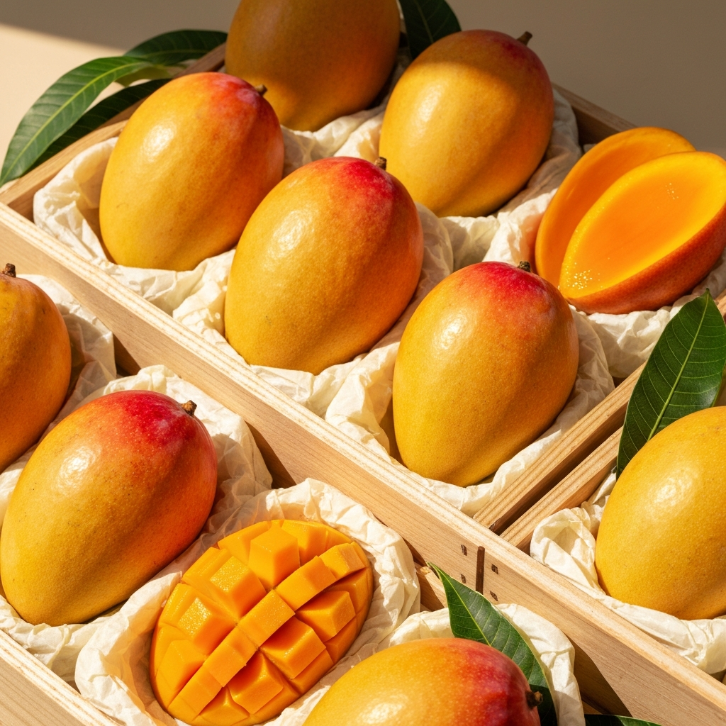 Golden TJC mangoes packed for export