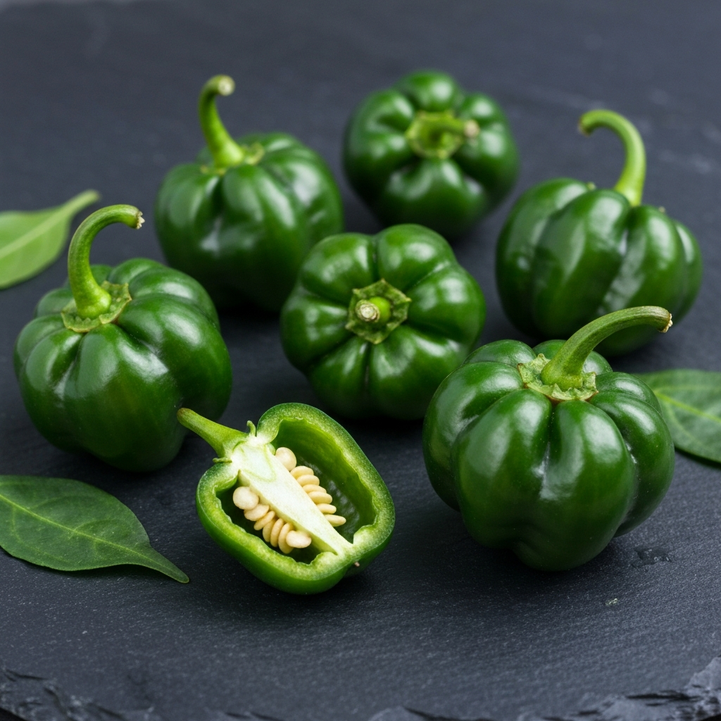 Dark green jumbo Scotch Bonnet peppers packed in cartons