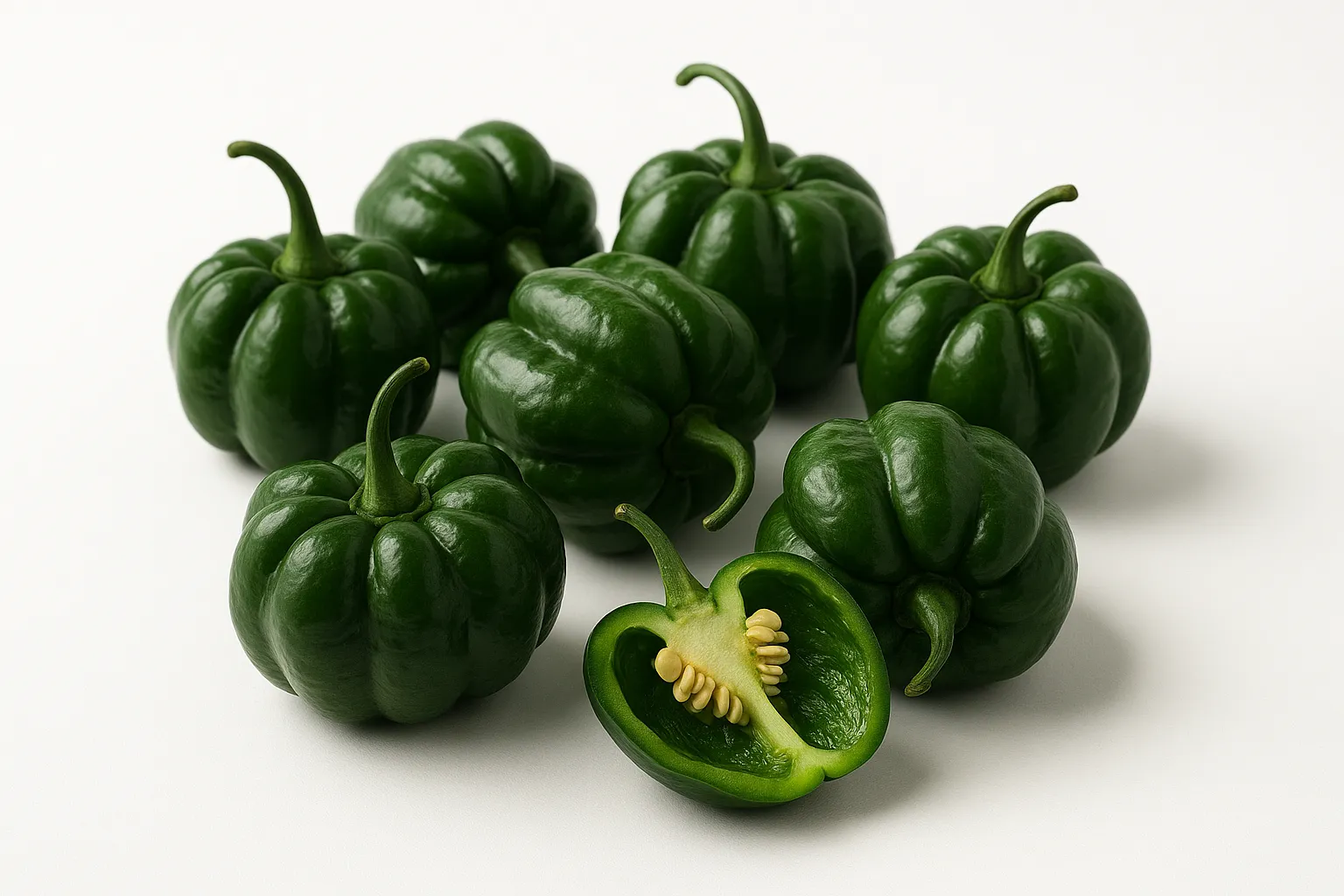 Dark green jumbo Scotch Bonnet peppers packed in cartons